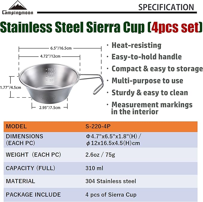 CAMPINGMOON 2pcs/4pcs Set Stainless Steel Camping Sierra Cup 310ml (4pcs Set)
