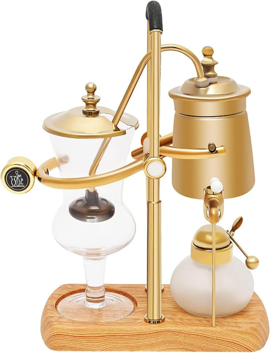Belgian Belgium Royal Family Balance Syphon Siphon Coffee Maker Vacuum Brewing System, Vintage Classic Retro Luxury Exquisite Design, Elegant Double Ridged Fulcrum with Tee handle (Classic Gold)