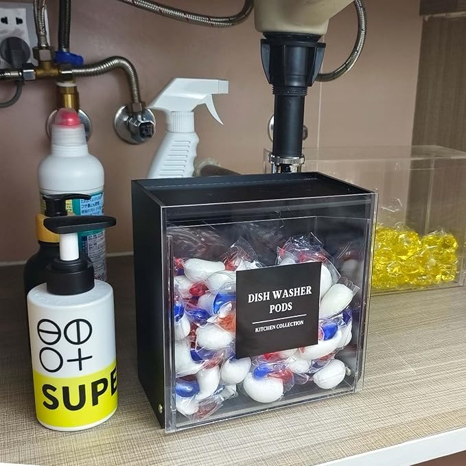 Laundry Pods Container, Acrylic Wall Mounted Organizer with Extra Labels, Candy Dispenser Coffee Pod Holder Dishwasher Pods Case for Home,Kitchen, Office, Black
