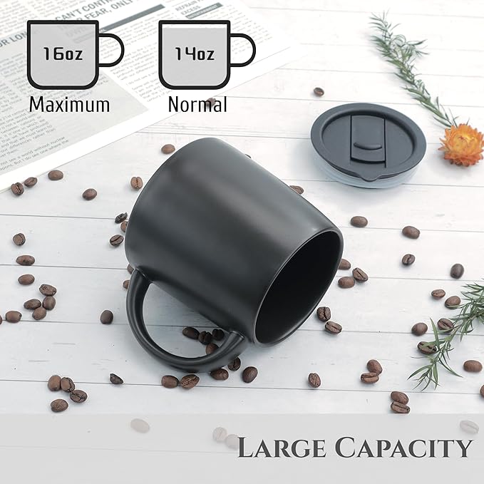 Classic Mug, 14 oz Large Coffee Mug with Handle, Ceramic Porcelain Tea Cup, Smooth Matte (Sliding Lid, Black)