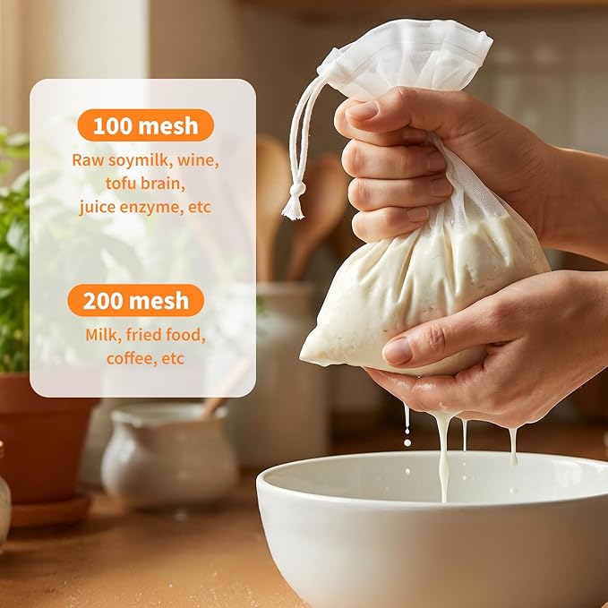 6 Pcs Nut Milk Bag Reusable, Dual Mesh Sizes (100 & 200) Nylon Strainer Bags for Almond Milk, Cold Brew Coffee, Juice, Tofu - 5.9x7.87 Inch Cheese Cloth Bags for Kitchen Straining
