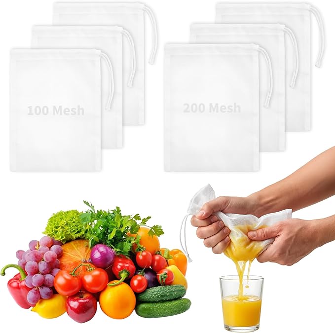 6 Pcs Nut Milk Bag Reusable, Dual Mesh Sizes (100 & 200) Nylon Strainer Bags for Almond Milk, Cold Brew Coffee, Juice, Tofu - 5.9x7.87 Inch Cheese Cloth Bags for Kitchen Straining