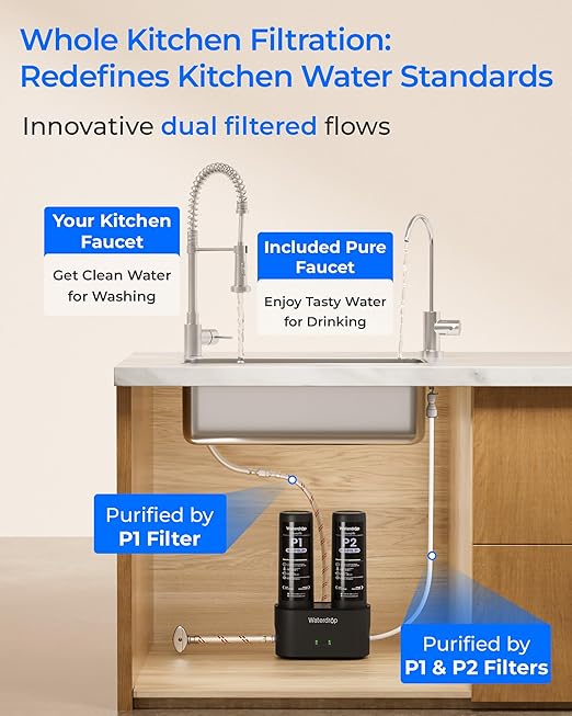Waterdrop DLG-P Under Sink Water Filter System, 2-Outlet Filter, Reduces PFOA/PFOS Chlorine Chloramine Fluoride Odor, 2 Stage Under Sink Water Filtration System with Dedicated Faucet, Life Indicator