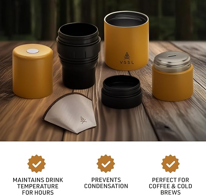 VSSL - Nest Pour Over Coffee Kit + Java G25 Bean Grinder Bundle | Coffee for Camping | Pour Over Dripper | Two 10oz Stainless Steel Travel Mugs | Sahara/Carbon