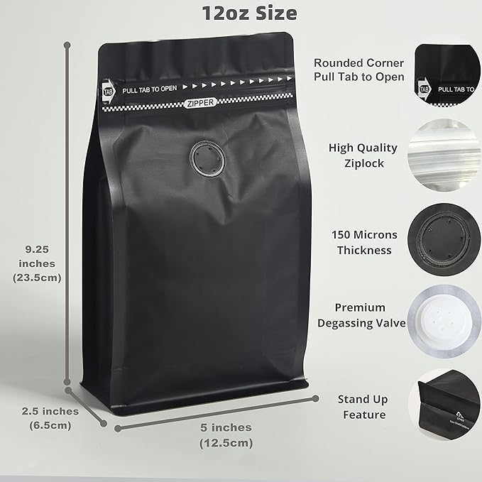 Black Coffee Bags with Valve (Pack of 100, 12oz/0.75lb Size) - High Barrier Aluminum Foil - Flat Bottom Coffee Pouches with Rsealable Zipper & Easy Open Tape