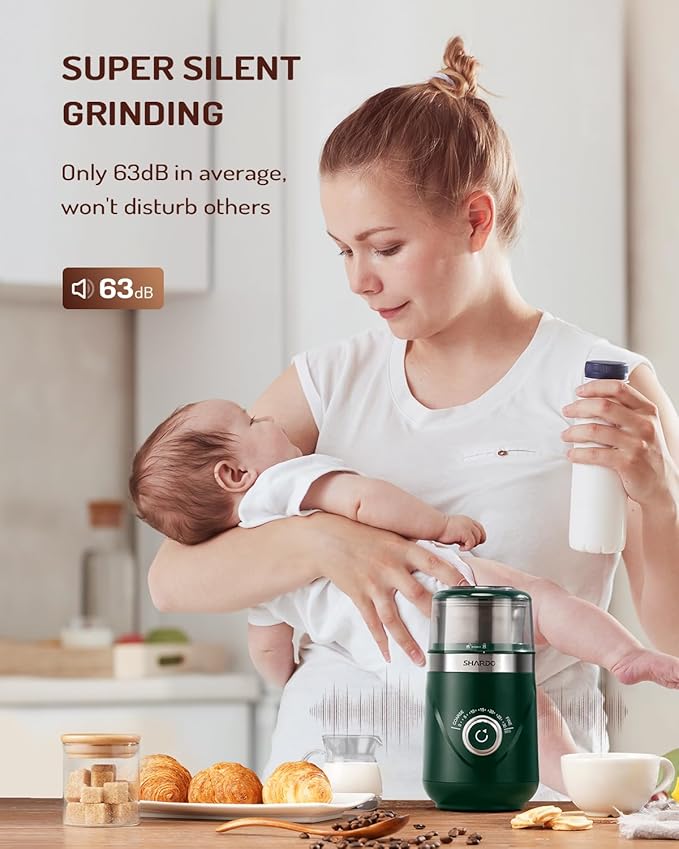 SHARDOR Electric Super Silent Blade Coffee Grinder, Timed Grind Control Rotary Knob, Adjustable Coarse to Fine for Coffee Beans, Spices & Herbs, with 1 Removable Stainless Steel Bowl, Green