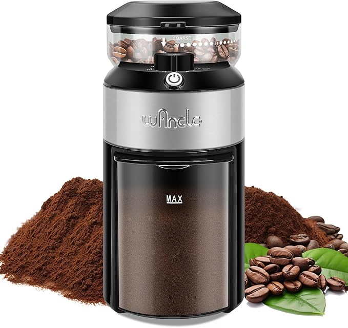 Wancle Burr Coffee Grinder Flat Burr Coffee Grinder with 28-Setting, Precise Grinding with 2-12 Cup Capacity, Easy to Clean, Compact and Space-Saving Design