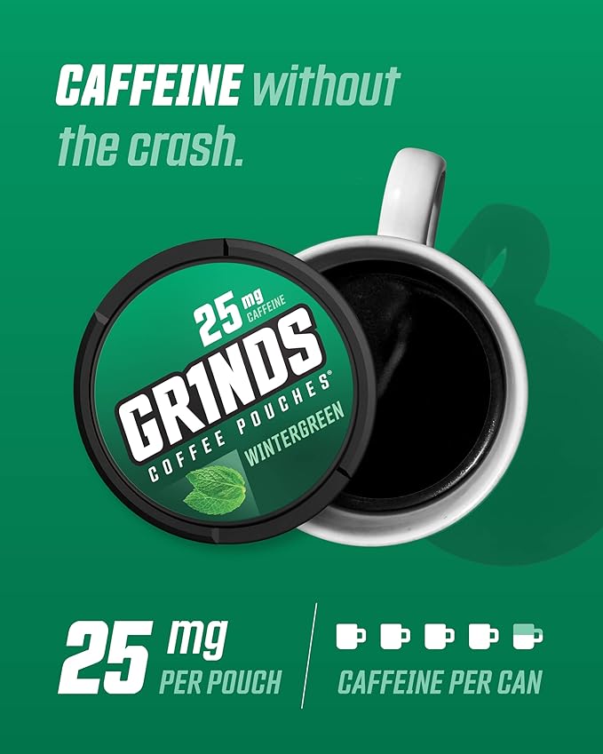 Grinds Coffee Pouches | Wintergreen Flavor | 6 Cans | Brew-Free Coffee Alternative | 18 Pouches Per Can