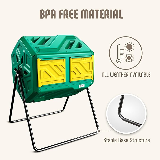 43 Gallon Compost Bin with Gloves, Fast Assembly & Easy Setup Outdoor Compost Tumbler, Updated Dual Chamber Tumbling Composter for Garden, Kitchen, and Yard Waste, Green