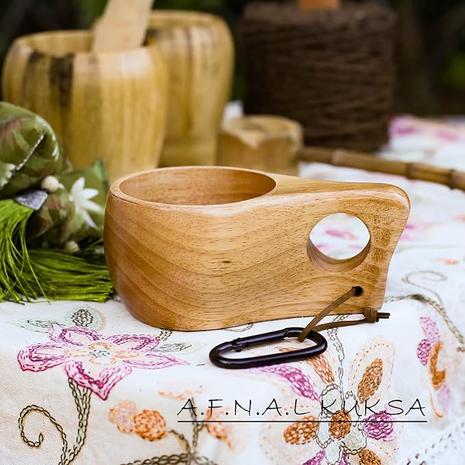 Kuksa Camping Mug Wooden Bushcraft Handcarved Cup, Nordic Style Coffee & Hiking Kuksa, Rubber Wood with Single Hole, 7.1 oz., 6.3" x 3.8" x 2.6"
