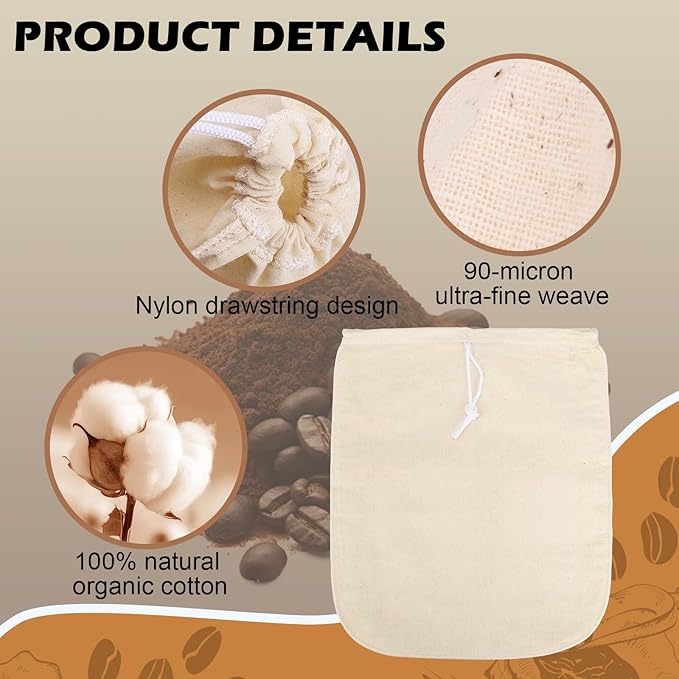 Organic Cotton Brewing Strainer Bag, 100% Unbleached Cotton Bag Reusable Hops and Cold Brew Coffee, for Fruit/Cider/Wine/Beer, Reusable Drawstring Straining XL 22x26 inches