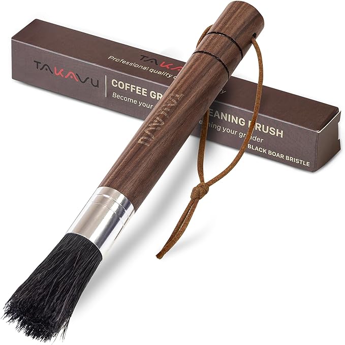 Takavu Coffee Grinder Cleaning Brush, Barista Brush with Black Boar Bristle, Espresso Machine Cleaner Tool, Brista Dusting Accessories Used on Group Heads, Shower Screen, Portafilter, Scoop, Tamper