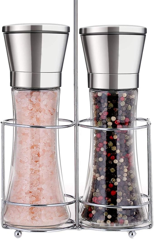 Professional Stainless Steel Salt and Pepper Grinder Set with Stand Manual Spice Adjustable Coarseness with Five Grinding Level Pepper Mill Grinders Shakers Gift Set with Silicone Funnel (Pack of 2)