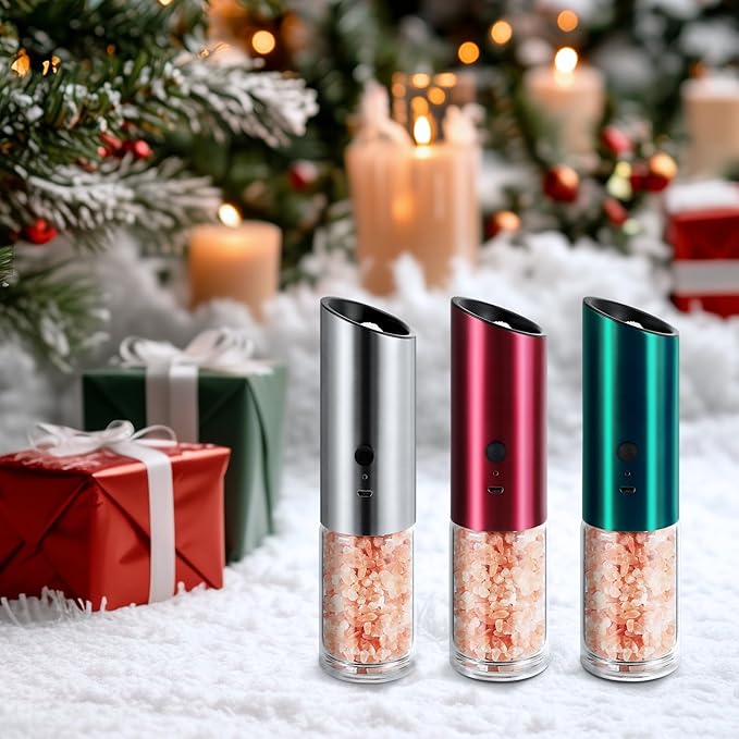 Vzaahu Gravity Electric Pepper and Salt Grinder Set of 2 Silver and Red- Rechargeable, Refillable, Adjustable Coarseness, Stainless Steel Salt Pepper Mill with LED light - One Hand Operation