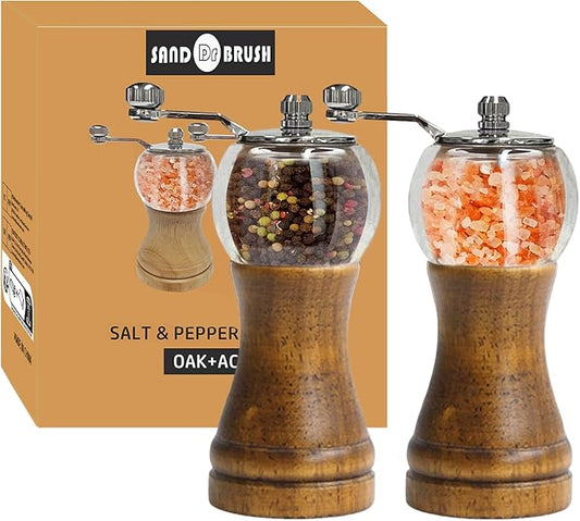 Pepper Grinder Set Classical Hand Shake Wood Manual Pepper Grinder, Setrefillable Wooden & Acrylic grinder,Ceramic Blades metal handle tools, Enjoy Fresh Ground Pepper Salts & spices 2PCS-6IN