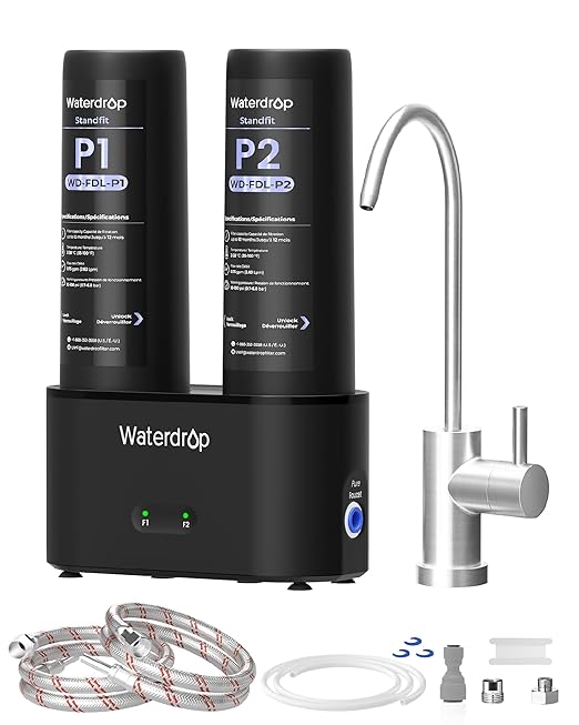Waterdrop DLG-P Under Sink Water Filter System, 2-Outlet Filter, Reduces PFOA/PFOS Chlorine Chloramine Fluoride Odor, 2 Stage Under Sink Water Filtration System with Dedicated Faucet, Life Indicator