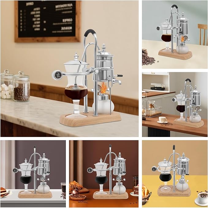 Siphon Coffee Maker, Manual Extract Coffee & Brew Tea Tool, Belgian/Belgium Coffee Brewer w/ Alcohol Burner, Commercial/Domestic Balance Vacuum Coffee Pot w/ Rotating Faucet, 9.25*4.72*14.96in Silver