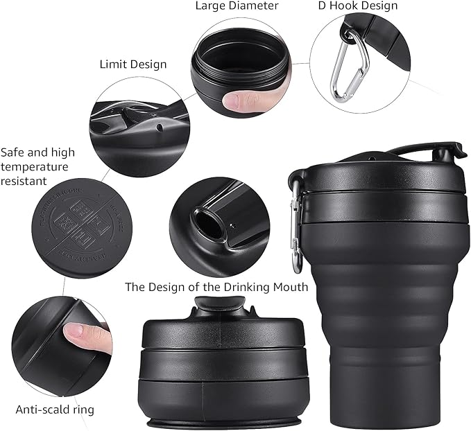 2PACK Collapsible Coffee Cup, 20 OZ 600ml Silicone Folding Camping Mug, Leak Proof BPA Free Portable Sport Bottle with Lids for hiking, Microwave & Dishwasher Safe (Black)