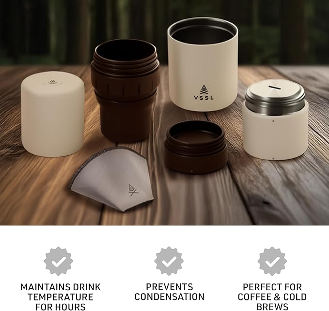 VSSL - Nest Pour Over Coffee Kit + Java G25 Bean Grinder Bundle | Coffee for Camping | Pour Over Dripper | Two 10oz Stainless Steel Travel Mugs | Cream/Bronze