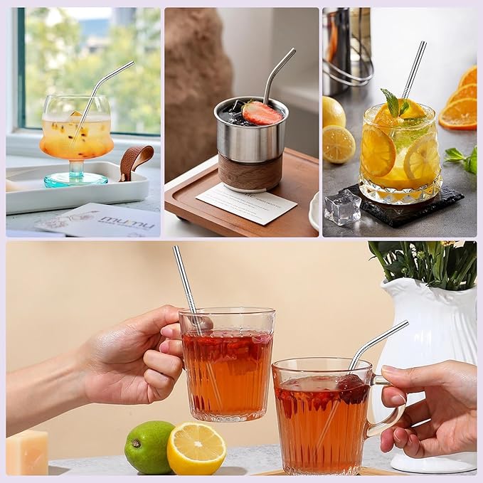 10 Pack Short Metal Straws, Reusable Straight Straws, 5 Straight 5 Bent, 304 Stainless Steel Straw, 5 Inch Cocktails Drinking Straws with 2 Cleaning Brushes for Coffee Mugs, Small Glasses or Cups