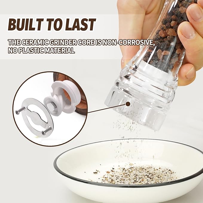 Clear Acrylic Pepper Grinder Mill, Salt and Pepper Shaker Salt Grinder Pepper Mill, Refillable with Adjustable Coarseness Ceramic Rotor (4.5 inch-2 Pcs)