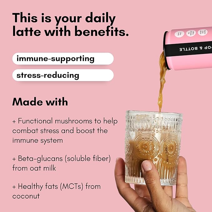 Pop & Bottle, Oat Milk Lattes - Cold Brew with Lions Mane & Reishi, MCT Oil, Single Shot Cold Brew, Mushrooms, Organic, Dairy Free, Gluten Free, Great as Iced Coffee, Lightly Sweetened with Dates - Caramel, 8 Fl Oz (12 Pack)