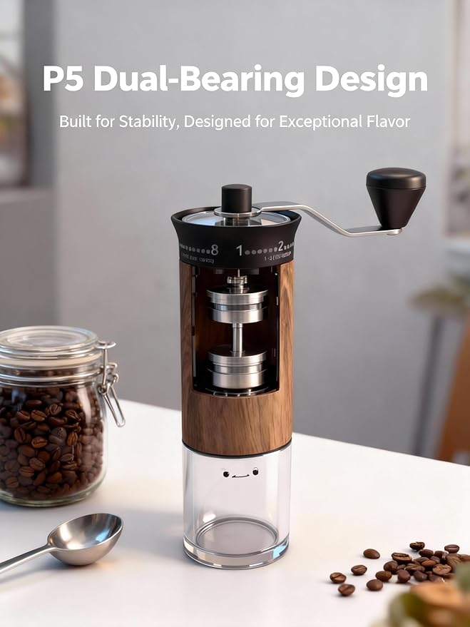 LAMIDO Mini Manual Coffee Grinder - 56 External Grind Settings, Stainless Steel Body & Crank, Ceramic Burr, Portable Hand Grinder for Travel, Camping, Home Brewing - Wood Grain