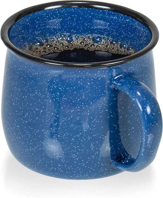 Red Co. Set of 4 Enamelware Metal 12 Oz Round Camping Coffee Mugs with Handle, White-Speckled Blue/Black Rim