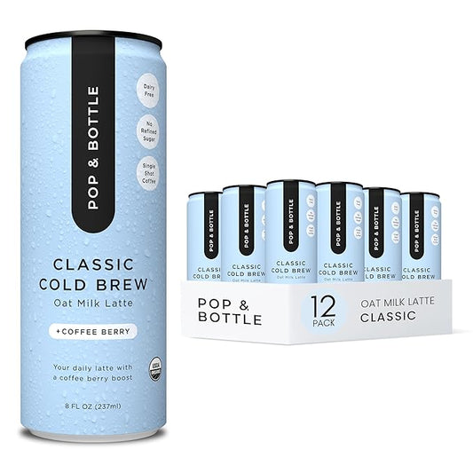 Pop & Bottle, Oat Milk Lattes - Cold Brew with Coffee Berry Antioxidants, MCT Oil, Organic, Dairy Free, Gluten Free, Great as Iced Coffee, Lightly Sweetened with Dates - Classic, 8 Fl Oz (12 Pack)