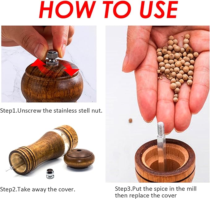 Wooden Pepper Grinder, Salt and Pepper Mills, Adjustable Coarseness with Ceramic Blades, With Visible Window