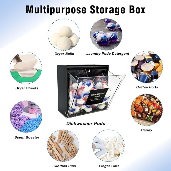 Laundry Pods Container, Acrylic Wall Mounted Organizer with Extra Labels, Candy Dispenser Coffee Pod Holder Dishwasher Pods Case for Home,Kitchen, Office, Black