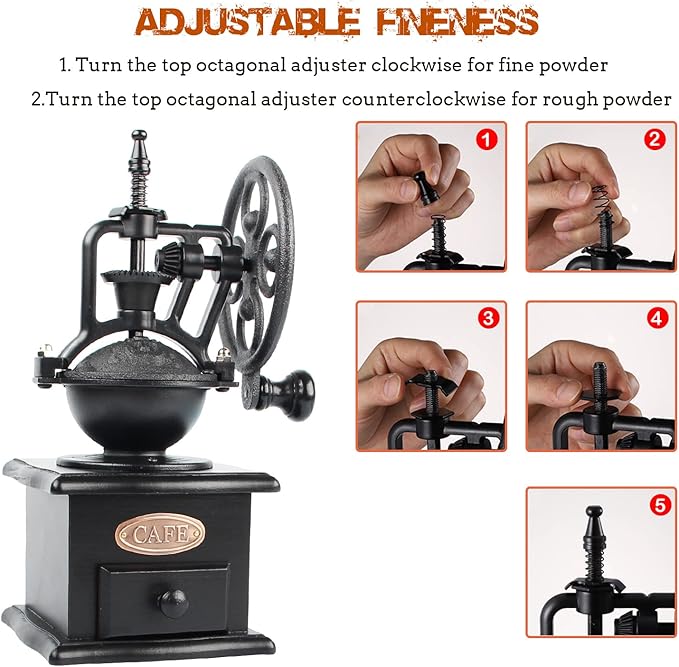 Coffee Grinder,Wooden Coffee Bean Grinder Manual Coffee Grinder Roller, Antique Coffee Mill with Cast Iron Hand Crank for Making Mesh Coffee, Decoration, Best Gift (Black (four deformation base))