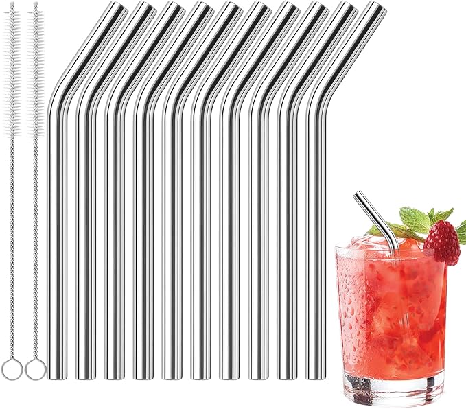 10 Pcs Short Metal Straws, 6 in x 8 mm Metal Straws Reusable Stainless Steel Straws Bent with 2 Cleaning Brush, Reusable Short Drinking Straw for Cocktail Coffee Mugs Small Glasses Cups