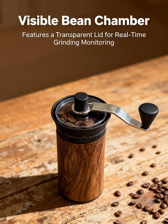 LAMIDO Mini Manual Coffee Grinder - 56 External Grind Settings, Stainless Steel Body & Crank, Ceramic Burr, Portable Hand Grinder for Travel, Camping, Home Brewing - Wood Grain