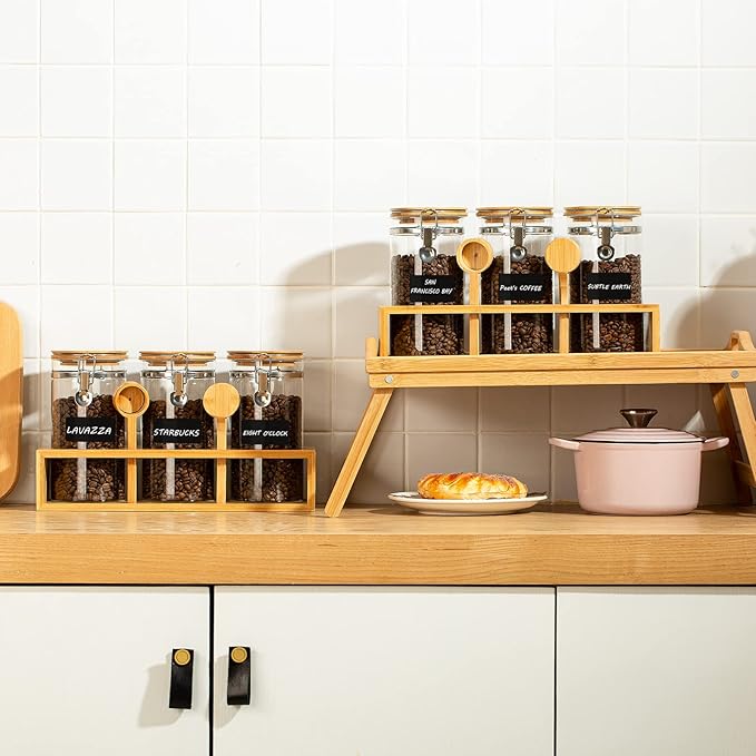 Yangbaga Glass Coffee Sugar Containers with Shelf, 3 x 45 OZ Coffee Bean Storage Station Organizer with Airtight Locking Clamp and Coffee Bamboo Scoop, Large Capacity Food Storage Jar for Kitchen