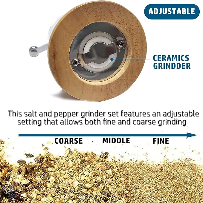 Pepper Mills Set Manual Pepper Grinder, Classical Hand Shake Pepper Grinder Set, Wooden Salt & Pepper Mill Ceramic Blades Metal Handle Sea Salt Mills, Enjoy Fresh Ground Pepper Various Spices