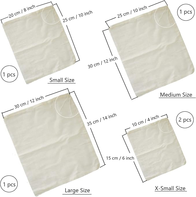 AUXIN Nut Milk Bags, 100% Cotton Cheesecloth Bags, Yogurt/Coffee/Tea Strainer, Reusable Almond/Oat Milk, Juice, Cold Brew Coffee, Food Grade, Reusable Washable Strainer (Mixed Size, 5 Pack)
