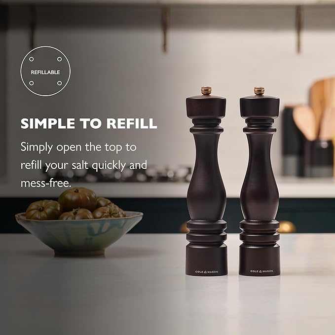 Cole & Mason London Refillable Spice Mill - Kitchen & Home Accessory - Table Salt Grinder - Salt Mill with Ceramic Mechanism - 11", Chocolate Wood
