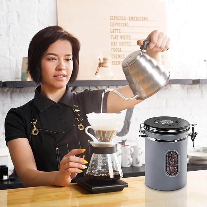 1800ML Airtight Coffee Canister with Date Tracker&Transparent Window, 22.8OZ Coffee Container with 30ML Measure Spoon&4 co2 Valve, Coffee Bean Storage Container for Grounds Coffee, Beans, Tea(Gray)