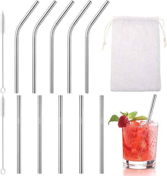 10 Pack Short Metal Straws, Reusable Straight Straws, 5 Straight 5 Bent, 304 Stainless Steel Straw, 5 Inch Cocktails Drinking Straws with 2 Cleaning Brushes for Coffee Mugs, Small Glasses or Cups