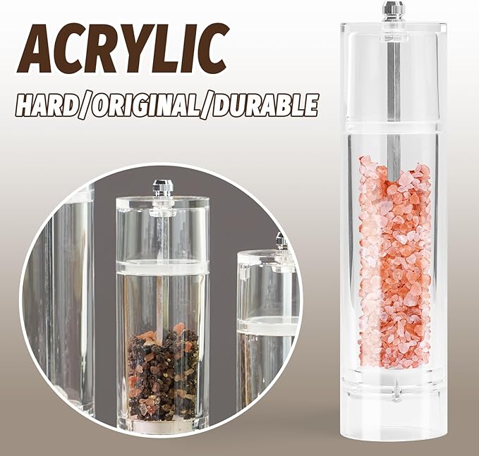 Acrylic Pepper Grinder Mill, Salt and Pepper Shaker Salt Grinder Pepper Mill, Refillable with Adjustable Coarseness Ceramic Rotor (8-inch)