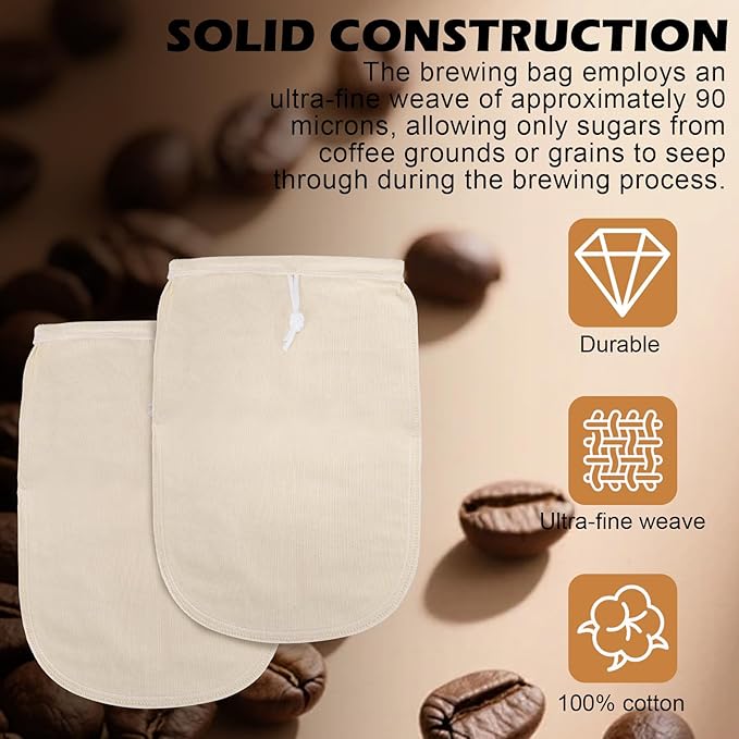 Reusable Cold Brew Coffee Bags, 100% organic cotton cold brew coffee filter bags, Mason Jar Cold Brew Bags, Washable Coffee Filter Pouch, Large 12"x8", 3 Pack, Beige