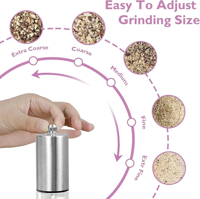 Stainless Pepper Grinder, 7.5 Inch Refillable Manual Salt Grinder with Adjustable Coarseness Pepper Mill, Oak Wood Salt and Pepper Grinder Mill for Cooking - Sliver