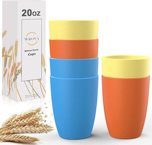 Wrova unbreakable wheat straw cups 20oz set of 6 with textured pattern anti slipping,big plastic drinkings cups microwave safe and dishwahser safe. Yellow-Orange-Blue