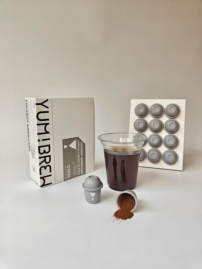 Yum!Brew Instant Coconut Americano Coffee – Freeze-Dried Yunnan Arabica | 12 Servings | Smooth & Nutty Flavor | Hot or Cold Brew | No Sugar | Low Calorie | Travel-Friendly Pods