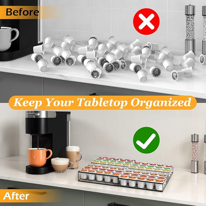 Coffee Pod Holder Drawer, Expandable K Cup Holder Compatible with Keurig K-Cup, K Cup Drawer Organizer Hold 30-60 Coffee Pod Storage for Coffee Station Office and Kitchen, Black