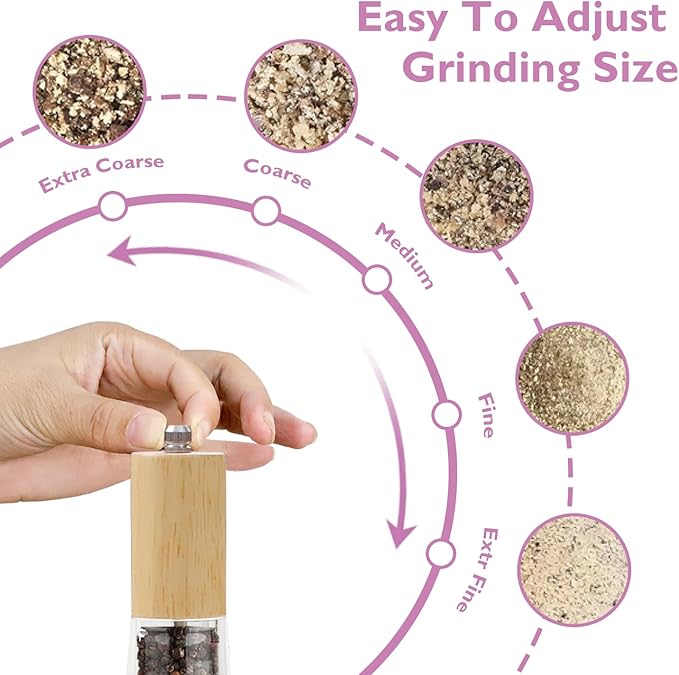 Wooden Pepper Grinder, 7.5 Inch Refillable Manual Salt Grinder with Adjustable Coarseness Pepper Mill, Oak Wood Salt and Pepper Grinder Mill for Cooking - Natural