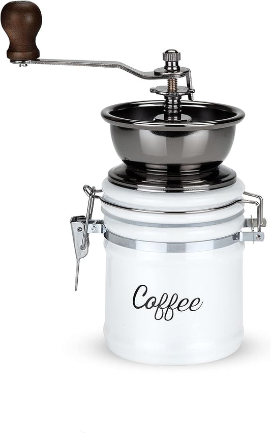 Twine Handheld Vintage Coffee Grinder, Manual Adjustable Design with Wood Handle and White Ceramic Jar, Set of 1