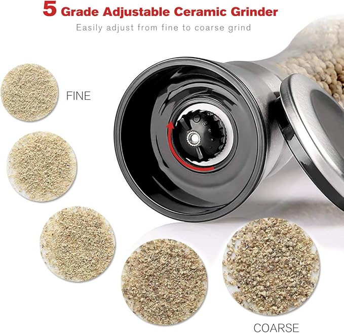 Professional Stainless Steel Salt and Pepper Grinder Set with Stand Manual Spice Adjustable Coarseness with Five Grinding Level Pepper Mill Grinders Shakers Gift Set with Silicone Funnel (Pack of 2)