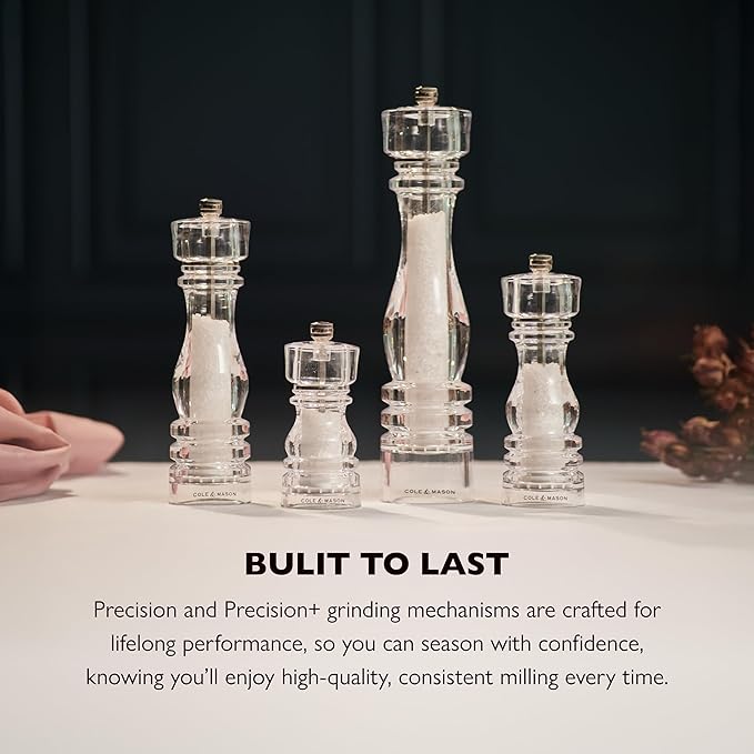 Cole & Mason London Refillable Spice Mill - Kitchen & Home Accessory - Salt & Pepper Grinder Set - Salt Mill with Ceramic Mechanism - Pepper Mill with Carbon Steel Mechanism - 8", Acrylic
